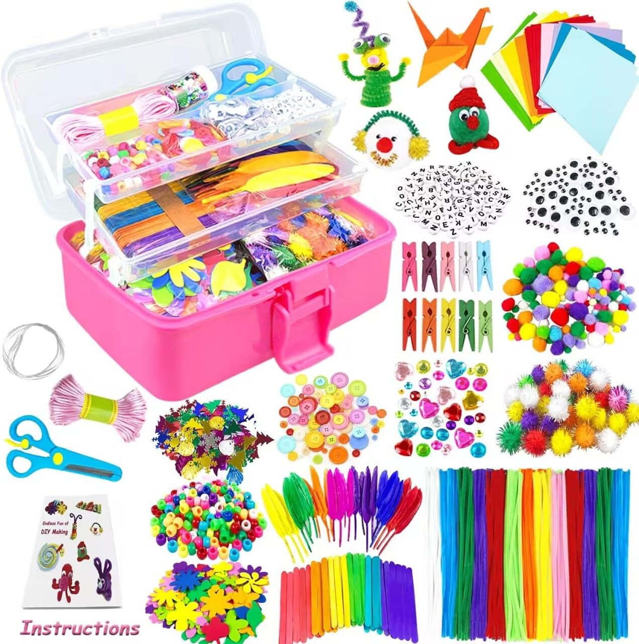Arts and Crafts Supplies for Kids DIY Craft Kits Art Supplies Materials Kids Crafts Set with Pipe Cleaners Craft Box Preschool Homeschool Toys Gift for Kids Boys and Girls Age 4 5 6 7 8